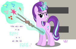 Size: 10197x6634 | Tagged: safe, artist:meganlovesangrybirds, character:starlight glimmer, species:pony, species:unicorn, episode:the cutie map, g4, my little pony: friendship is magic, spoiler:s05, absurd resolution, applejack's cutie mark, cutie mark, cutie mark theft, equal, equality, female, fluttershy's cutie mark, magic, magic aura, mare, pinkie pie's cutie mark, rainbow dash's cutie mark, rarity's cutie mark, s5 starlight, simple background, solo, staff, staff of sameness, telekinesis, transparent background, twilight's cutie mark, vector