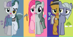 Size: 1414x724 | Tagged: safe, artist:diana173076, character:cloudy quartz, character:igneous rock pie, character:limestone pie, character:marble pie, character:maud pie, character:pinkie pie, species:pony, alternate cutie mark, alternate eye color, eyelashes, female, male, mare, pie family, pie sisters, quartzrock, siblings, sisters, stallion, what my cutie mark is telling me