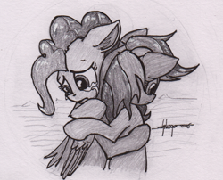 Size: 900x726 | Tagged: safe, artist:shikogo, character:pinkie pie, character:rainbow dash, inktober, crying, duo, floppy ears, hug, ink, monochrome, sad, traditional art