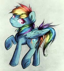 Size: 1024x1140 | Tagged: safe, artist:agletka, character:rainbow dash, female, raised hoof, simple background, solo, traditional art, white background
