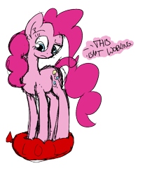 Size: 479x552 | Tagged: safe, artist:shikogo, colorist:qtluna, edit, character:pinkie pie, balloon, balloon popping, female, simple background, sketch, solo, text, transparent background