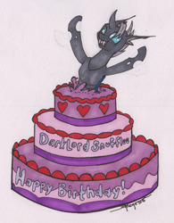Size: 800x1024 | Tagged: safe, artist:shikogo, oc, oc only, oc:#4330715, species:changeling, inktober, cake, changeling oc, cuteling, food, happy, happy birthday, heart, pop out cake, solo, traditional art