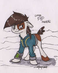 Size: 873x1094 | Tagged: safe, artist:shikogo, character:pipsqueak, oc, oc only, oc:littlepip, species:pony, fallout equestria, inktober, clothing, costume, fanfic, fanfic art, floppy ears, hooves, implied oc, inktober 2016, older, pipbuck, smiling, solo, text, traditional art, vault suit