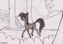 Size: 1024x718 | Tagged: safe, artist:shikogo, character:twilight sparkle, inktober, 42, female, grayscale, inktober 2016, monochrome, running of the leaves, smiling, solo, traditional art, trotting