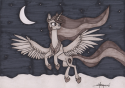 Size: 2466x1734 | Tagged: safe, artist:shikogo, character:princess celestia, species:alicorn, species:pony, inktober, crescent moon, female, flying, grayscale, hoof shoes, implied princess luna, inktober 2016, mare, monochrome, moon, night, smiling, solo, spread wings, stars, traditional art, wings