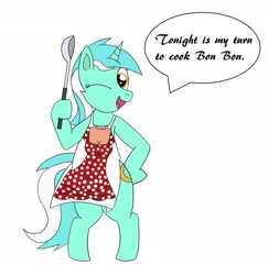 Size: 1977x2038 | Tagged: safe, artist:pony4koma, character:lyra heartstrings, species:pony, apron, bipedal, clothing, dialogue, female, fridge horror, grammar error, hoof hold, implied bon bon, implied cannibalism, intentional grammar error, one eye closed, open mouth, simple background, smiling, solo, waifu, white background, wink
