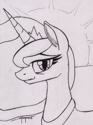 Size: 800x1074 | Tagged: safe, artist:shikogo, character:princess luna, inktober, female, inktober 2016, looking at you, monochrome, smiling, solo, sunrise, tired, traditional art