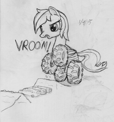 Size: 1017x1094 | Tagged: safe, artist:midwestbrony, oc, oc only, oc:wheely bopper, species:pony, bus, giant pony, giant wheelpone, giant wheelpones is gonna end us all with that size, macro, monochrome, monster truck, original species, solo, traditional art, wheelpone