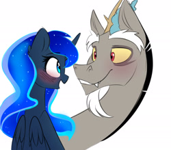 Size: 2500x2189 | Tagged: safe, artist:elementalokami, character:discord, character:princess luna, ship:lunacord, blushing, cute, looking at each other, male, shipping, straight