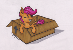 Size: 1024x699 | Tagged: safe, artist:shikogo, character:scootaloo, species:pegasus, species:pony, inktober, arrow, box, female, grin, inktober 2016, one eye closed, smiling, solo, spread wings, traditional art, wings, wink