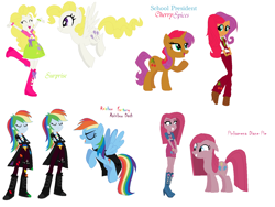 Size: 1626x1220 | Tagged: safe, artist:prettycelestia, character:cherry spices, character:pinkamena diane pie, character:pinkie pie, character:rainbow dash, character:surprise, fanfic:rainbow factory, my little pony:equestria girls, equestria girls-ified