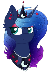 Size: 974x1449 | Tagged: safe, artist:cloud-drawings, character:princess luna, alternate hair color, bust, colored pupils, ear piercing, earring, female, gradient hair, horn jewelry, jewelry, piercing, portrait, simple background, solo, transparent background