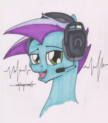 Size: 800x913 | Tagged: safe, artist:shikogo, oc, oc only, oc:lightning bug, inktober, bust, headphones, headset, inktober 2016, looking at you, male, open mouth, portrait, simple background, solo, traditional art
