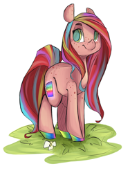Size: 936x1248 | Tagged: safe, artist:tamyarts, oc, oc only, oc:rough sketch, species:earth pony, species:pony, body freckles, butt freckles, ear freckles, freckles, rainbow hooves, solo