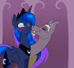 Size: 1600x1456 | Tagged: safe, artist:elementalokami, character:discord, character:princess luna, ship:lunacord, eyes closed, kissing, male, one eye closed, shipping, smiling, straight