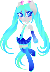 Size: 460x663 | Tagged: safe, artist:matteglaze, species:anthro, blushing, clothing, hatsune miku, pigtails, simple background, socks, solo, thigh highs, transparent background, vocaloid