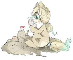 Size: 3280x2680 | Tagged: safe, artist:tamyarts, oc, oc only, original species, oyster, pearl, sand pony, sandcastle, solo