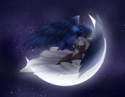 Size: 1800x1400 | Tagged: safe, artist:rainbowhitter, character:princess luna, species:human, baby, dark skin, female, horned humanization, humanized, male, maternaluna, moon, mother and child, mother and son, motherly, night, solo, speedpaint, winged humanization