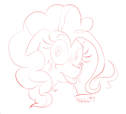 Size: 868x781 | Tagged: safe, artist:hellhounds04, character:pinkie pie, blep, blushing, bust, female, monochrome, onomatopoeia, portrait, simple background, solo, spit, tongue out, white background