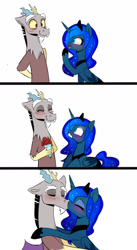 Size: 1427x2600 | Tagged: safe, artist:elementalokami, character:discord, character:princess luna, ship:lunacord, blushing, comic, cute, discute, eye contact, eyes closed, hug, kissing, looking at each other, male, open mouth, shipping, simple background, smiling, straight, surprised, wavy mouth, white background