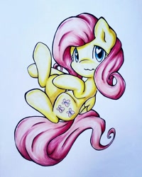 Size: 989x1236 | Tagged: safe, artist:gummigator, character:fluttershy, copic, female, folded wings, heart eyes, looking at you, looking up, solo, top down, traditional art, wingding eyes