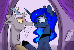 Size: 1380x951 | Tagged: safe, artist:elementalokami, character:discord, character:princess luna, ship:lunacord, cute, discute, looking at each other, male, shipping, smiling, straight
