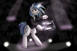 Size: 6600x4363 | Tagged: safe, artist:strachattack, character:dj pon-3, character:vinyl scratch, species:pony, absurd resolution, bipedal, concert, crowd, female, hologram, magic, open mouth, solo, spotlight, stage, turntable, underhoof