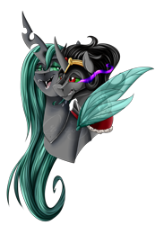 Size: 1024x1476 | Tagged: safe, artist:crecious, character:king sombra, character:queen chrysalis, ship:chrysombra, bust, lidded eyes, male, open mouth, portrait, shipping, simple background, smiling, spread wings, straight, transparent background, watermark, wings