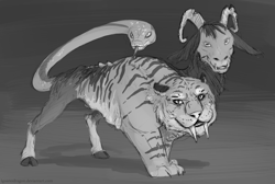 Size: 3575x2400 | Tagged: safe, artist:cuttledreams, character:chimera sisters, species:chimera, species:goat, ambiguous gender, big cat, grayscale, monochrome, multiple heads, sketch, snake, solo, three heads, tiger