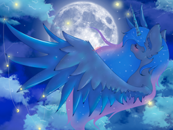 Size: 1280x960 | Tagged: safe, artist:niniibear, character:princess luna, blushing, cloud, cute, eyes closed, female, happy, horn jewelry, jewelry, moon, peaceful, solo, spread wings, wing jewelry, wings