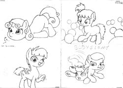 Size: 2330x1661 | Tagged: safe, artist:merkleythedrunken, character:diamond tiara, character:featherweight, character:scootaloo, character:sweetie belle, oc, species:earth pony, species:pegasus, species:pony, body slam, monochrome, sketch, sketch dump