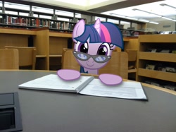 Size: 2592x1936 | Tagged: safe, artist:shadyhorseman, character:twilight sparkle, species:pony, species:unicorn, bookshelf, female, glasses, irl, library, looking at you, mare, notebook, photo, ponies in real life, smiling, solo, table, vector