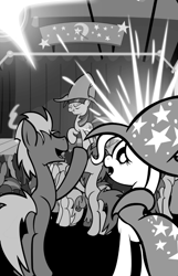 Size: 547x847 | Tagged: safe, artist:bronycurious, character:trixie, character:twilight sparkle, monochrome, preview, recovery, stage
