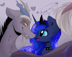 Size: 3600x2845 | Tagged: safe, artist:elementalokami, character:discord, character:princess luna, ship:lunacord, cute, lunabetes, male, shipping, straight