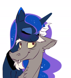 Size: 1985x2179 | Tagged: safe, artist:elementalokami, character:discord, character:princess luna, species:alicorn, species:draconequus, species:pony, ship:lunacord, cute, discute, eyes closed, floppy ears, hug, lunabetes, male, shipping, simple background, smiling, straight, white background