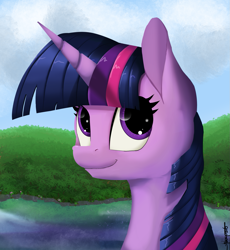 Size: 1215x1319 | Tagged: safe, artist:shikogo, character:twilight sparkle, bust, cute, female, forest, lake, looking up, portrait, smiling, solo