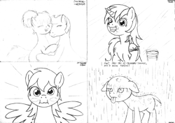 Size: 2330x1642 | Tagged: safe, artist:merkleythedrunken, oc, oc only, oc:nudie, species:earth pony, species:pegasus, species:pony, species:unicorn, blushing, brushing teeth, female, hairless, male, mare, monochrome, sketch, sketch dump, stallion, toothbrush, traditional art