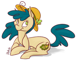 Size: 900x727 | Tagged: safe, artist:pashapup, oc, oc only, oc:paisley patch, species:earth pony, species:pony, clothing, female, hat, mare, no pupils, prone, solo