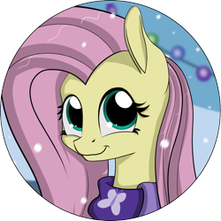 Size: 978x977 | Tagged: safe, artist:shikogo, character:fluttershy, clothing, cute, female, looking at you, round, scarf, shyabetes, smiling, snow, solo