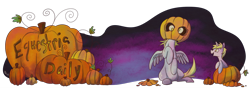 Size: 1000x350 | Tagged: safe, artist:pashapup, character:derpy hooves, character:dinky hooves, species:pegasus, species:pony, species:unicorn, equestria daily, banner, derpy pumpkinhead, duo, duo female, female, filly, halloween, holiday, jack-o-lantern, mare, nightmare night, no pupils, pumpkin, pumpkin patch, sitting