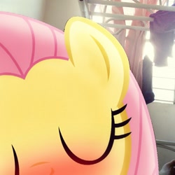 Size: 900x900 | Tagged: safe, artist:shadyhorseman, edit, character:fluttershy, species:human, bed, blushing, cute, human on pony snuggling, interspecies, irl, kissing, lying on top of someone, offscreen character, photo, ponies in real life, pov, shyabetes, smooch, snuggling