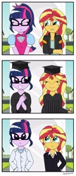 Size: 2120x4912 | Tagged: safe, artist:pony4koma, character:sunset shimmer, character:twilight sparkle, character:twilight sparkle (scitwi), species:eqg human, ship:scitwishimmer, ship:sunsetsparkle, my little pony:equestria girls, absurd resolution, alternate costumes, clothing, comic, female, graduation, height difference, lab coat, lesbian, shipping, suit, time skip
