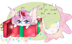 Size: 1280x785 | Tagged: safe, artist:niniibear, oc, oc only, oc:morning aura, blue, blushing, bow, box, chibi, christmas, commission, cute, gem, inside box, lights, pink, present, semi closed species, simple background, solo, species, stars, transparent background, ych result