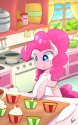 Size: 1200x1920 | Tagged: safe, artist:laptop-pone, character:pinkie pie, species:pony, apron, bipedal, blep, cherry, clothing, colored pupils, cupcake, dessert, ear fluff, female, food, frosting, heart eyes, hoof hold, indoors, kitchen, oven, pot, signature, solo, stove, tongue out, updated, whipped cream, wingding eyes