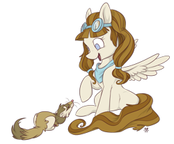 Size: 1359x1124 | Tagged: safe, artist:pashapup, oc, oc only, oc:tech, species:pegasus, species:pony, bandana, female, ferret, goggles, mare, no pupils, raised hoof, simple background, sitting, smiling, solo, transparent background