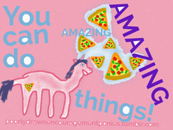 Size: 2048x1536 | Tagged: safe, artist:super trampoline, oc, oc only, species:pony, species:unicorn, 1000 hours in ms paint, food, levitation, magic, ms paint, pink background, pink coat, pizza, pizza cutie mark, poorly drawn encouragement ponies, purple mane, simple background, solo, telekinesis, text