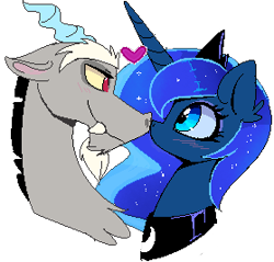Size: 279x267 | Tagged: safe, artist:elementalokami, character:discord, character:princess luna, ship:lunacord, bust, cute, discute, heart, looking at each other, male, pixel art, shipping, simple background, smiling, straight, transparent background