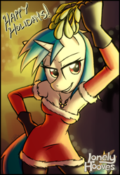 Size: 1024x1500 | Tagged: safe, artist:zaron, character:dj pon-3, character:vinyl scratch, species:anthro, armpits, clothing, costume, evening gloves, female, gloves, grin, hand on hip, happy holidays, mistletoe, santa costume, smiling, solo