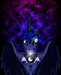 Size: 2216x2717 | Tagged: safe, artist:lifesharbinger, character:princess luna, creation, female, magic, solo, spread wings, stars, tangible heavenly object, wings, winter solstice