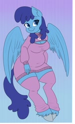 Size: 488x810 | Tagged: safe, artist:stubbornstallion, species:anthro, species:pegasus, species:pony, blueberry cloud, clothing, color, female, keyhole turtleneck, open-chest sweater, plump, solo, sweater, turtleneck, wingding eyes